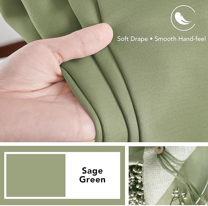 Deconovo Blackout Curtains, Thermal Insulated, W70 x L95 2 Panels, Back Tab, Machine Washable, Room-Darkening Drapes for Bedroom/Living Room Sage Green