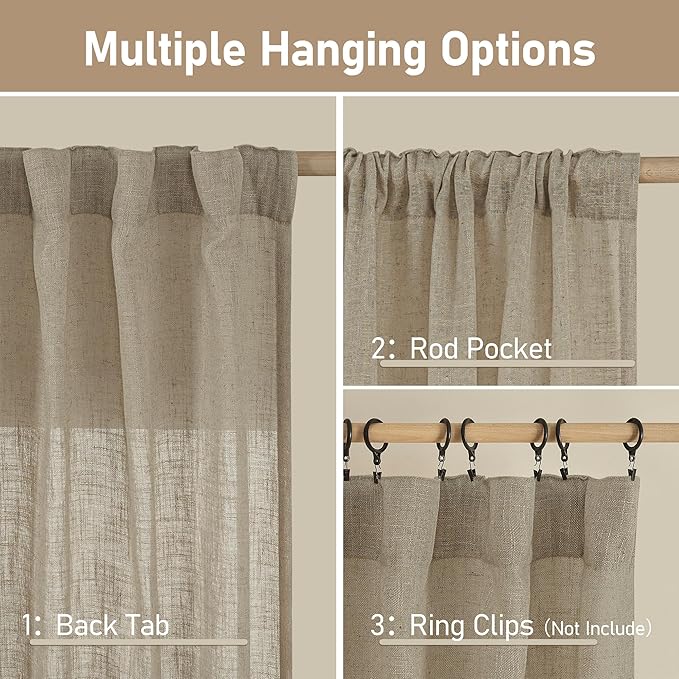 LAMIT Taupe Linen Curtains for Bedroom, 72 Inch Length Light Filtering Semi Sheer Panels Back Tab and Rod Pocket Neutral Drapes for Living Room, 2 Panels, 34 x 72 Inch