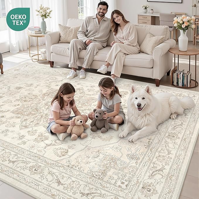 5x7 Area Rugs for Living Room: Vintage Boho Neutral Washable Rug Indoor Soft Large Area Rug Carpet for Bedroom Nursery Farmhouse Dining Room Office Floor Non-Slip Low Pile Under Table Rug Beige White