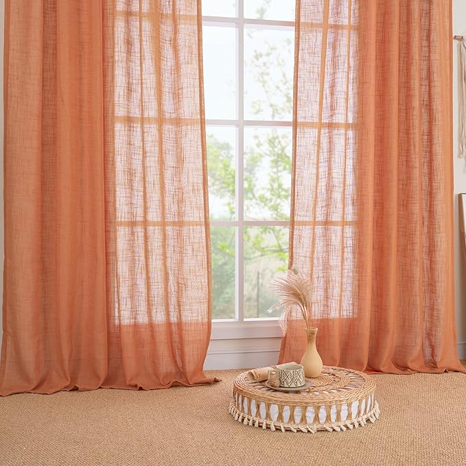 LAMIT Burnt Orange Linen Boho Curtains 80 inch Length 2 Panels, Light Filtering Semi Sheer Panels Back Tab and Rod Pocket Neutral Drapes for Bedroom/Living Room, 34 x 80 Inch