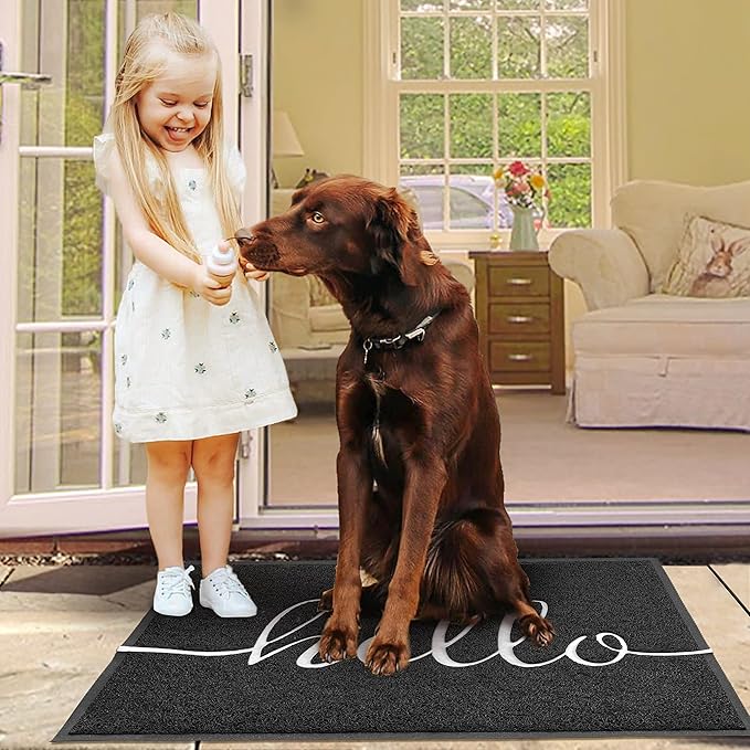 EARTHALL Door Mat Outside Inside Hello Doormat, 36"x24", Durable Floor Mat Non Slip Mat Ultra Absorb Mud Easy Clean Front Doormat for Garage, Entryway, Patio, High Traffic Areas, Black