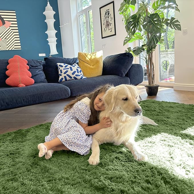 OLANLY 2x3 Machine Washable Small Bedside Rug, Soft Fluffy Shaggy Entryway Throw Rugs for Bedroom, Living Room, Indoor Floor Carpet for Kids Girls and Boys, Home Decor Aesthetic, Green
