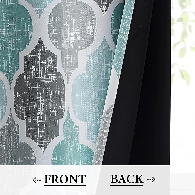 Beauoop 100% Blackout Curtains 96 Inches Long 2 Panels for Bedroom Living Room Aqua Grey Moroccan Geo Room Darkening Thermal Insulated Soundproof Grommet Top Window Treatments Drapes, 50x96 Set of 2