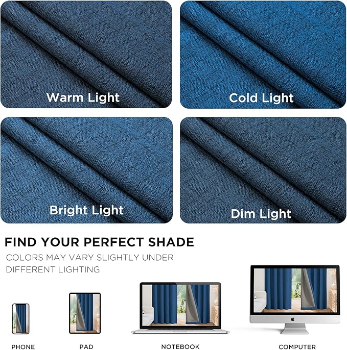 Joydeco Blackout Curtains for Bedroom - 100% Light Blocking 2 Panels Navy Blue Drapes 37" W x 72" L, Thermal Insulated Room Darkening Curtains, Linen Textured for Living Room, Rod Pocket & Back Tabs