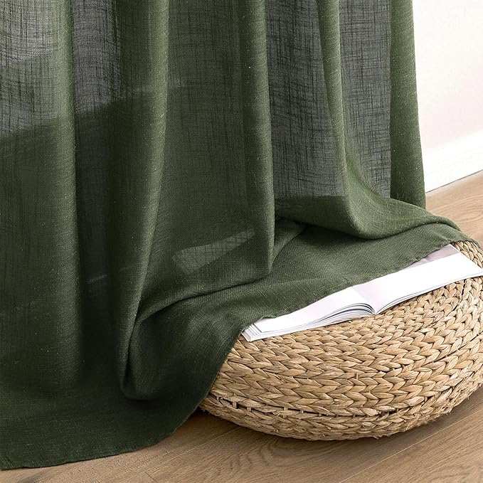 MIULEE Olive Green Linen Curtains 84 Inch Length for Bedroom Living Room, Soft Thick Linen Textured Window Drapes Semi Sheer Light Filtering Back Tab Rod Pocket Burlap Look, 2 Panels, 37x84 Inches