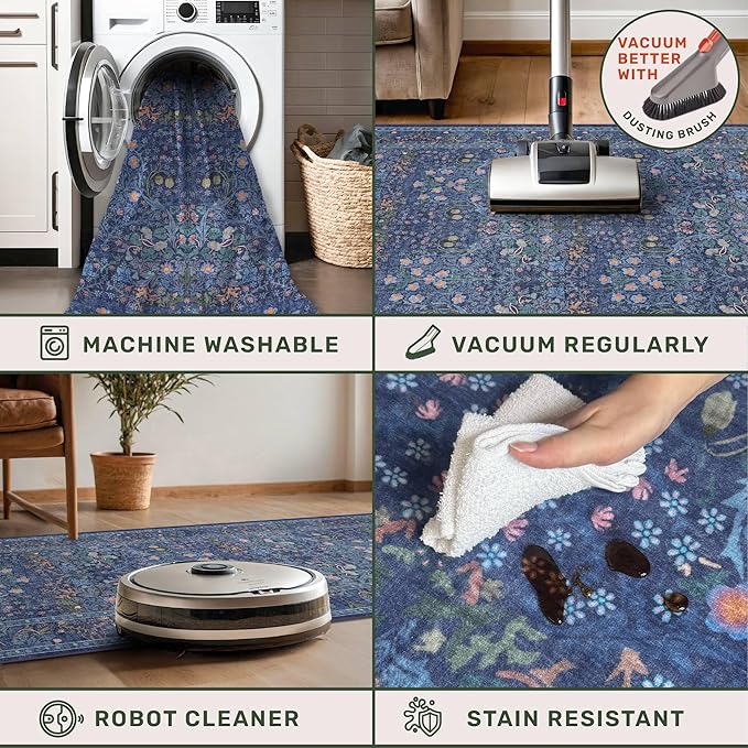 Non Slip 2x7 Dark Blue Runner Washable - Stain Resistant Long Runner Rugs for Kitchen, Entryway, Hallway, Bathroom, Bedroom Bedside - Dusky Navy Vintage Floral Décor