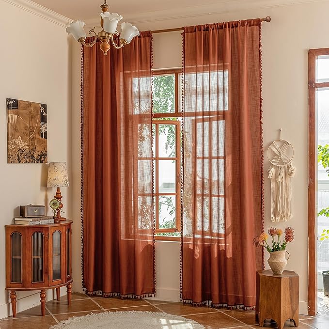 MYSKY HOME Bohemian Macrame Curtains 84 Inches Long for Living Room,Semi Sheer Light Filtering Privacy Drapes Farmhouse Coutry Home Decor for Bedroom, 50" W×84" L, Terracotta, 2 Panels
