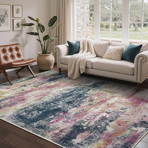 Area Rugs 8x10 for Living Room Bedroom, Modern Abstract Machine Washable Rug, Large Soft Low Pile Floor Carpet with Non Slip Backing for Dining Room, Navy/Pink