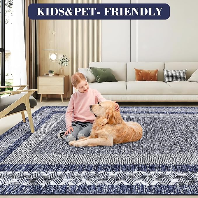 GarveeHome 9x12 Large Modern Navy Blue Area Rug Distressed Bordered Soft Non Shedding Floor Carpet, Geometric Washable Non Slip Low Pile Indoor Area Rug for Living Room, Bedroom