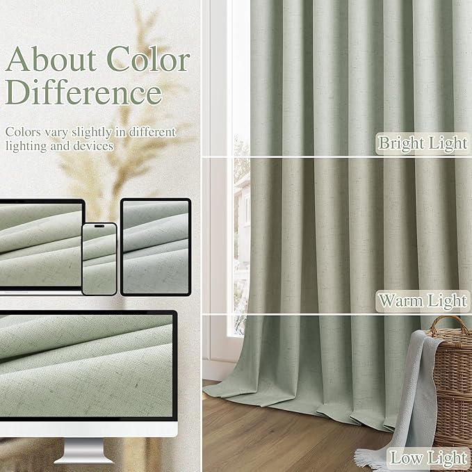 Guken Mist Sage 100% Blackout Linen Curtains 90 Inch Length 2 Panels Set for Living Room Bedroom Back Tab/Rod Pocket Thermal Insulated Black Out Drapes Room Darkening Window Curtains 90 Inches Long