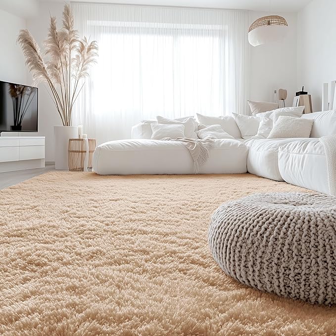 OLANLY 7x12 Machine Washable Large Area Rugs for Living Room, Bedroom, Soft Fluffy Shaggy Bedside Rug, Indoor Floor Carpet for Kids Girls and Boys, Dorms, Nursery, Home Decor Aesthetic, Beige