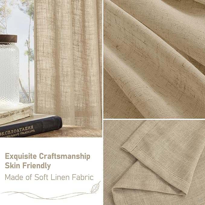 LAMIT 45 Inch Short Window Linen Curtains, Light Filtering Panels Back Tab and Rod Pocket Neutral Drapes for Cafe/Bathroom/Loft Room, Brown, 2 Panels, 34 x 45 Inch