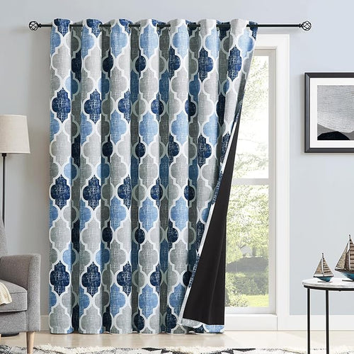 Beauoop 100% Blackout Curtains 84 Inches Long for Patio Sliding Door Blue Grey Extra Wide Moroccan Geo Room Darkening Thermal Soundproof Room Divider Grommet Window Treatment Drapes,100x84 Set of 1