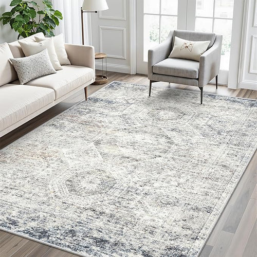 5x7 Area Rugs Blue Ivory Low Pile Indoor Washable Trendy Faded Style Rugs for Bedroom Living Room Dining Room Foldable Non-Slip Thin Print Mat