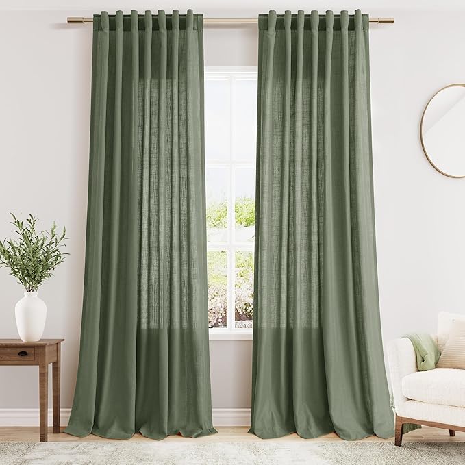 Extended Curtain Olive Green Linen Sheer Curtains for Living Room 2 Panels Set 118 Inch Length Back Tab Light Filtering & Breathability Semi Sheer Curtain Drapes for Bedroom Living Room 52x118