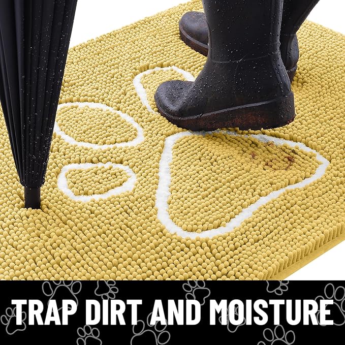Smiry Dog Door Mat for Muddy Paws, Absorbent Dirt Trapper Non Slip Quick Dry Washable Chenille Mat for Mud Dogs, Entry Rug for Indoor and Outdoor (30x20 Inches, Yellow and White)