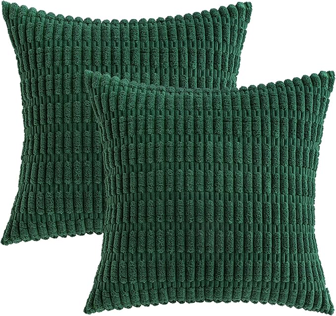 MIULEE Pack of 2 Dark Green Corduroy Decorative Euro Sham Pillow Covers 24x24 Inch Soft Boho Striped Throw Pillow Covers Modern Farmhouse Home Decor for Sofa Living Room Couch Bed