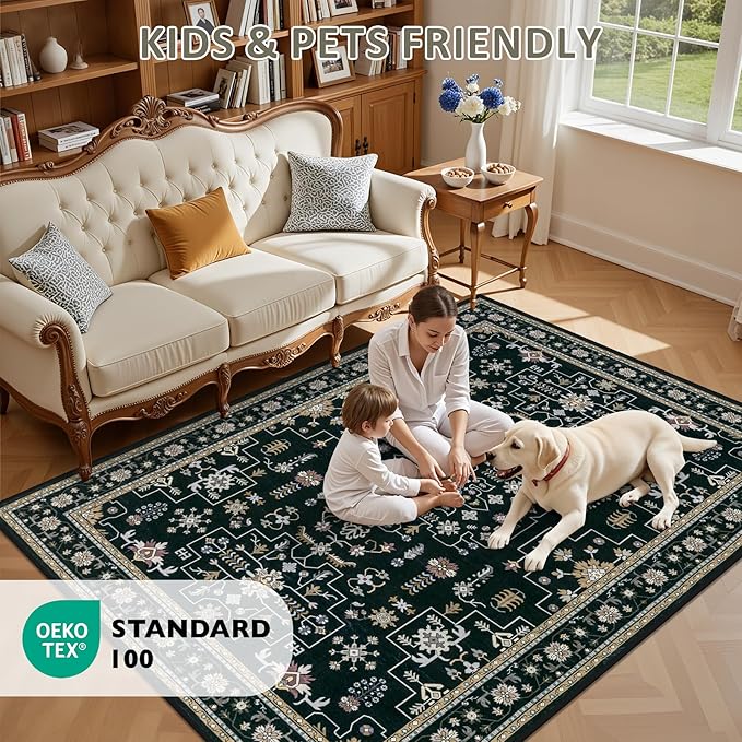 4x6 Area Rugs for Living Room: Washable Rug Soft Vintage Boho Medallion Carpet Indoor Floor Non-Slip Stain Resistant Large Carpets for Bedroom Dining Room Farmhouse Nursery Home Office Black