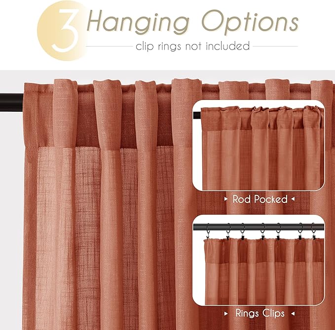 108 inch Linen Terracotta Curtains 2 Panels for Living Room Back Tab Light Filtering Semi Sheer Rust Colored Curtains 108 inches Long Soft Thick Cotton Cloth Textured Rustic Boho Farmhouse Room Decor