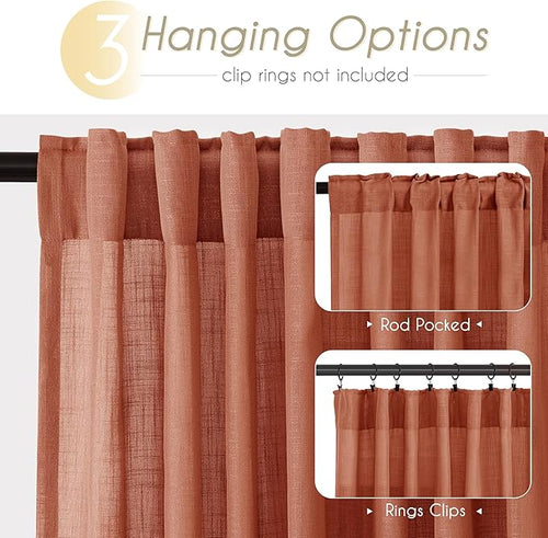 90 inch Linen Terracotta Curtains 2 Panels for Living Room Back Tab Light Filtering Semi Sheer Rust Colored Curtains 90 inches Long Soft Thick Cotton Cloth Textured Rustic Boho Farmhouse Room Decor