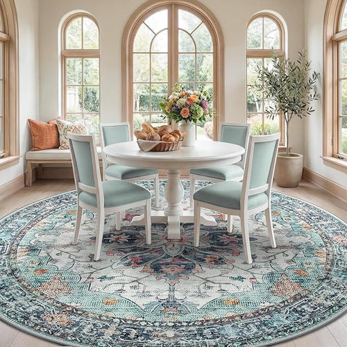 Area Rugs 8ft Washable Non-Slip, Floral Vintage Distress Print Pattern Medallion Carpet for Living Room Bedroom Dining Room, Green Navy Blue White Red Teal Colorful