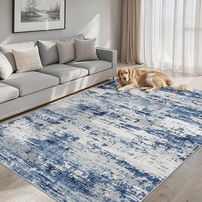 Area Rugs 9x12 Living Room - Washable Rug Modern Abstract Soft Large Neutral Non-Slip Carpet Indoor Floor Thin Carpets for Bedroom Dining Room Farmhouse Nursery Home Office Blue Gray
