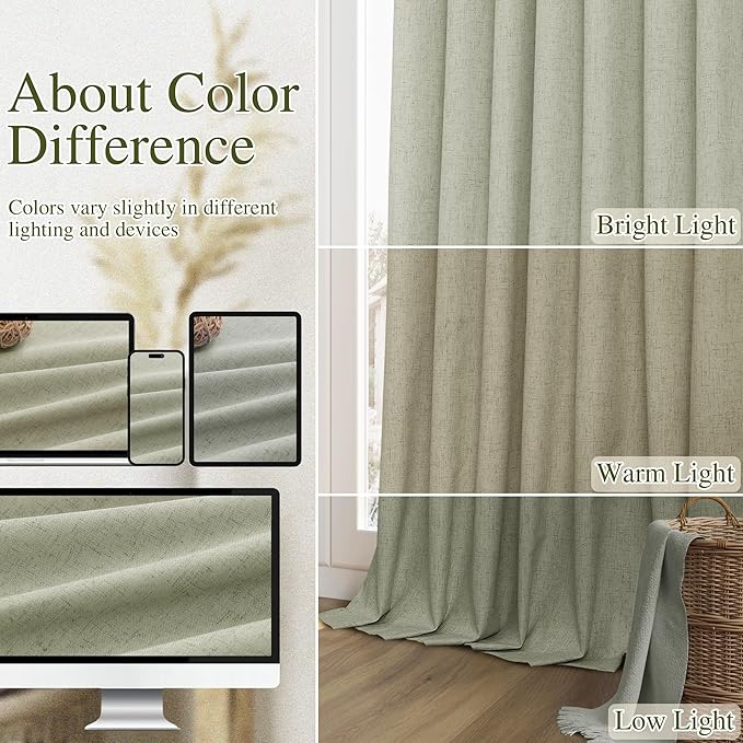 Sage Green 100% Blackout Linen Curtains 90 Inch Length 2 Panels Set for Living Room Bedroom Back Tab Thermal Insulated Black Out Drapes Room Darkening Window Curtains 90 Inches Long