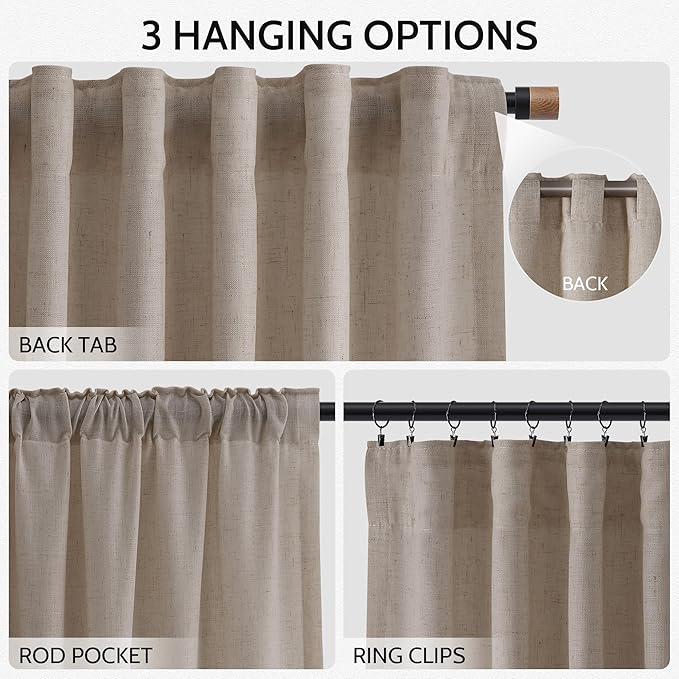 Nanspring Ecru Curtains for Living Room 72 Inches Long Linen Blend Luxury Light Filtering Semi Sheer Curtain Back Tab Rustic Decor Natural Farmhouse Elegant Boho Drapes for Bedroom 52x72, 2 Panels