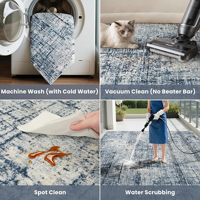 10x14 Area Rugs for Living Room Washable Rug: Anti-Skid Abstract Modern Living Room Rug Soft Thin Carpets Indoor Floor Non-Shedding Carpet for Bedroom Dining Farmhouse Nursery Home Office Blue Gold