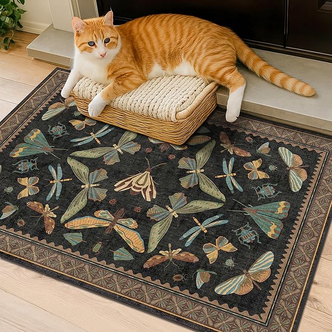 Small Black Entryway Runner Rug - 2x4 Front Door Rug Indoor Entrance, Small Waterproof Carpet for Kitchen Floor, Bathroom, Powder Room, Washable Low Pile Non Slip, Insect Print Multi Color Home Décor