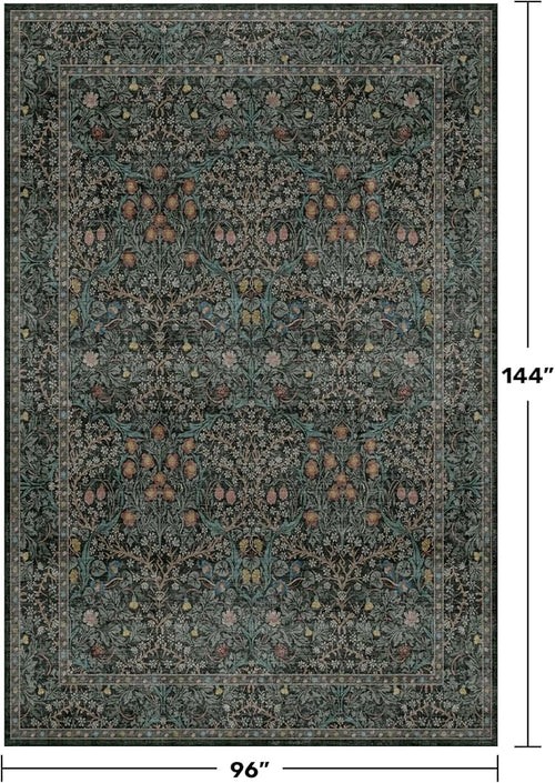 8x12 Area Rug for Living Room - Large Washable Rugs for Bedroom, Dining Room Under Table, Ultra Soft Low Pile Non-Slip Stain Resistant Carpet - Dark Green Vintage Floral Décor