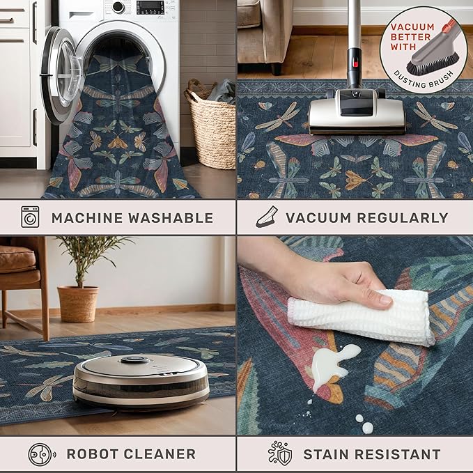 5x7 Navy Blue Boho Rugs for Living Room, Stain Resistant Non Slip Area Rug for Dining Room, Whimsical Bedroom Insect Carpet, Dark Vintage Décor Indoor, Low Pile & Soft