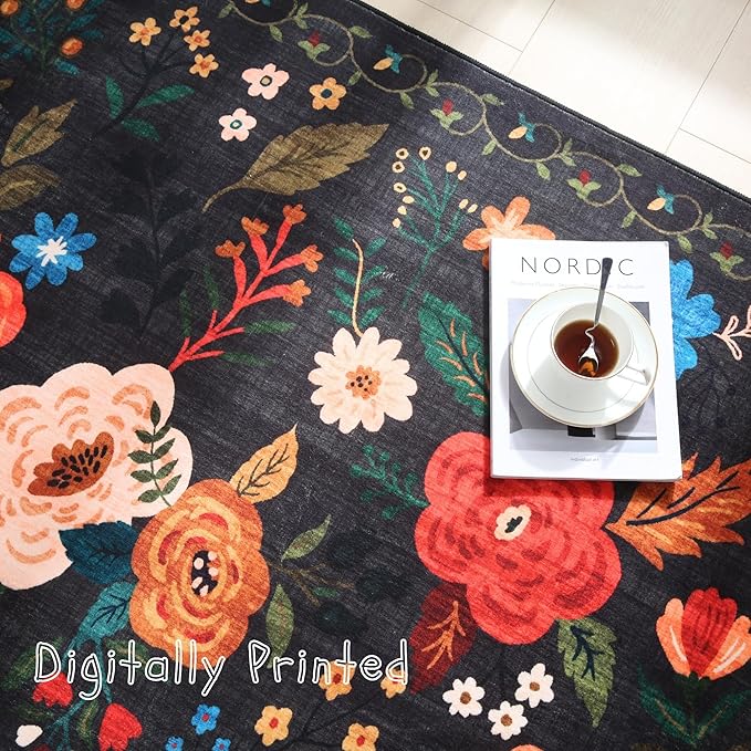 Rugcomf Round Rug 6ft Washable Circle Rug Non Slip Low Pile Boho Floral Small Circular Rug for Bedroom, Bathroom, Entryway, Kids Room, Office, College Dorm(Black)