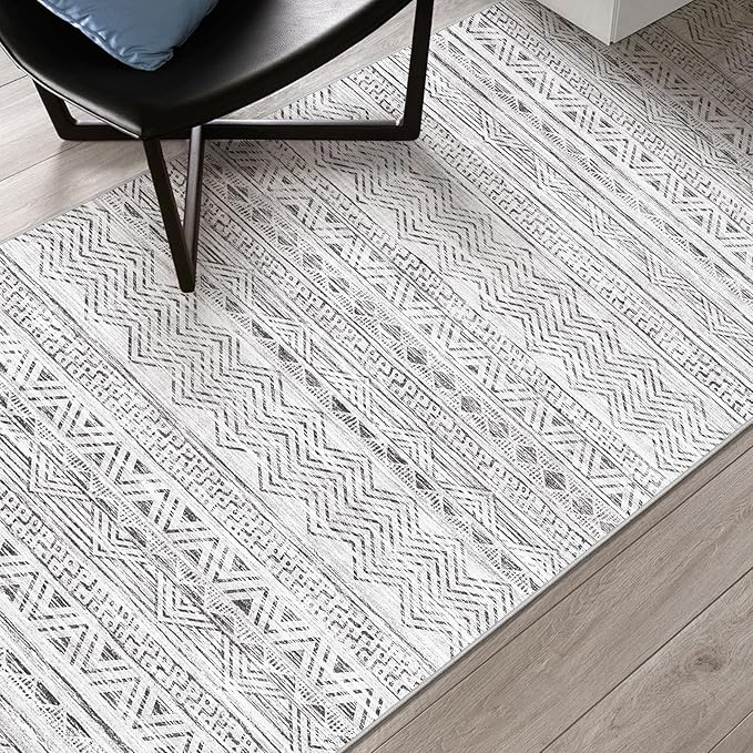4x8 Washable Hallway Runner Rug：Moroccan Non-Slip Wide Runners for Entryway Kitchen Soft Modern Geometric Low-Pile Rugs for Living Room Thin Waterproof Carpet for Bedroom Bathroom Laundry(Grey,4x8)