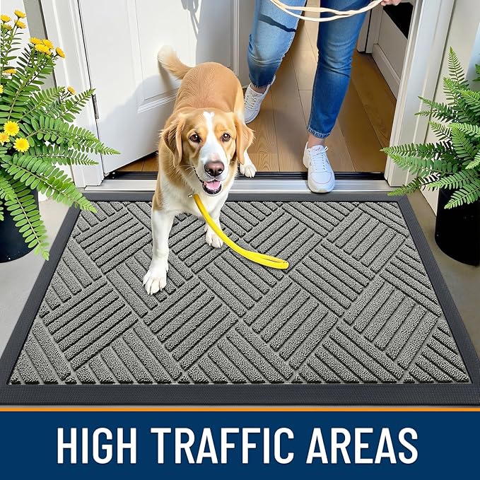 OLANLY Front Door Mat Outside Entrance 47x23, Absorbent, Heavy Duty Sturdy Natural Rubber Doormat Indoor Outdoor, Stain Fade Resistant, Non-Slip Low Profile Floor Mat for Entryway, Modern Gray Diamond