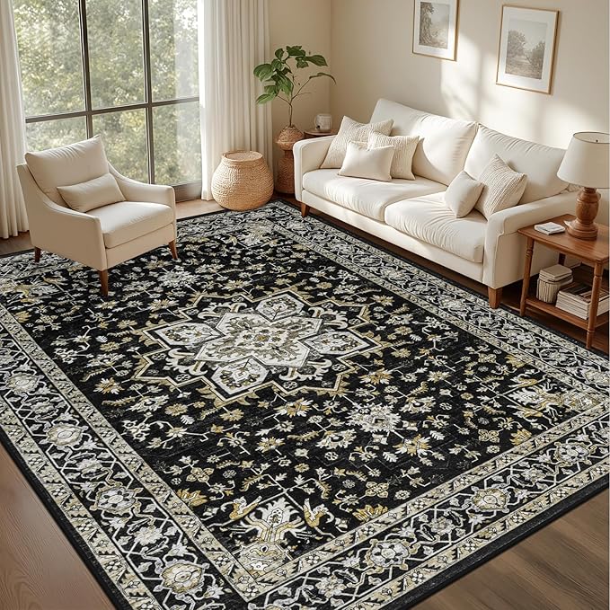 8x10 Area Rugs for Living Room: Washable Rug Soft Vintage Boho Medallion Carpet Indoor Non-Slip Stain Resistant Large Carpets for Bedroom Dining Room Farmhouse Nursery Home Office Black Gold