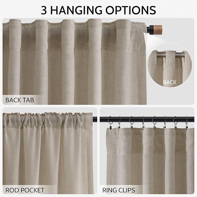 Nanspring Cobblestone Linen Curtains for Living Room 100 Inches Long Light Filtering Semi Sheer Curtain Back Tab Modern Farmhouse Decor Elegant Drapes for Bedroom Dinner Room 52x100, 2 Panels