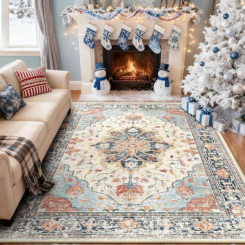 Area Rugs 8'x10' Washable Non-Slip, Floral Vintage Distress Print Pattern Medallion Carpet for Living Room Bedroom Dining Room, Beige Navy Blue Orange Colorful