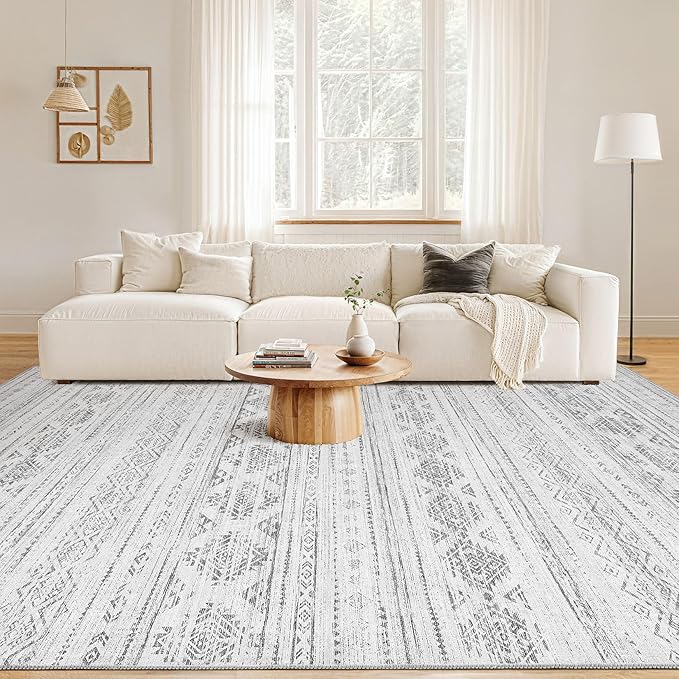 Nakagishi 9x12 Area Rug Living Room: Washable Boho Large Neutral Soft Farmhouse Modern Rugs Stain Resistant Moroccan Non-Slip Indoor Carpet for Bedroom Nursery Kids Office Dining Room- Dark Grey
