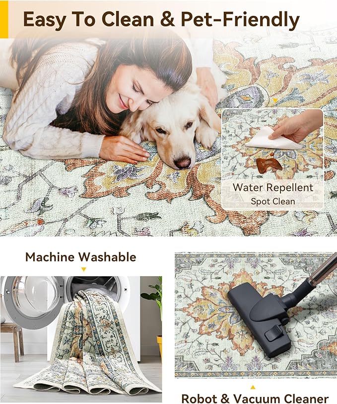 RELEANY Area Rugs 6'x9' Washable Non-Slip, Floral Vintage Distress Print Pattern Medallion Carpet for Living Room Bedroom Dining Room, Light Yellow Carbon Grey Orange
