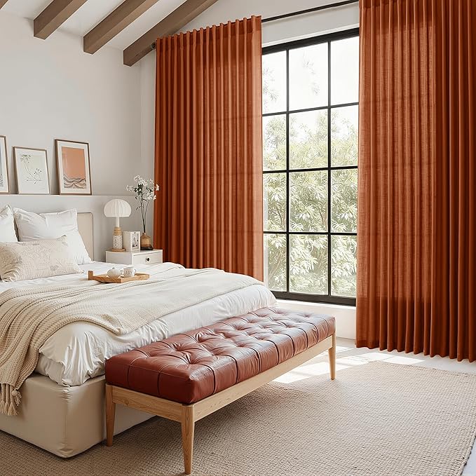 Nanspring Terracotta Long Linen Curtains 102 Inches Long 2 Panel Set Back Tab Boho Rustic Farmhouse Curtain for Living Room Semi Sheer Floor to Ceiling Luxury Home Decor for Bedroom Office 60x102