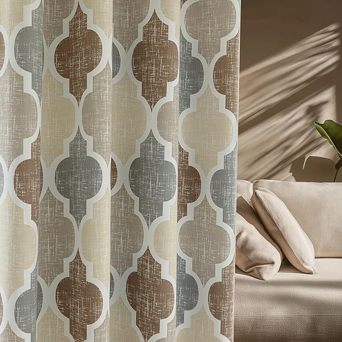 Beauoop 100% Blackout Curtains 84 Inches Long 2 Panels for Bedroom Living Room Brown Grey Moroccan Geo Room Darkening Thermal Insulated Soundproof Grommet Top Window Treatments Drapes, 50x84 Set of 2