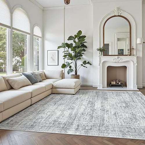 Area Rug 10x12 Vintage Washable Living Room Large Gray Carpet Non Slip Bedroom Indoor Office Dining Room Low Pile Thin Rug Grey