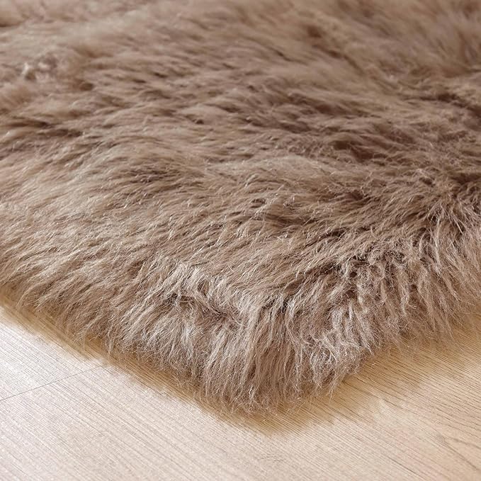 Goolela Sheepskin Area Rug 9x12 - Light Brown Beige - Fluffy Fuzzy Furry Carpet for Living Room Bedroom Faux Fur Rectangle