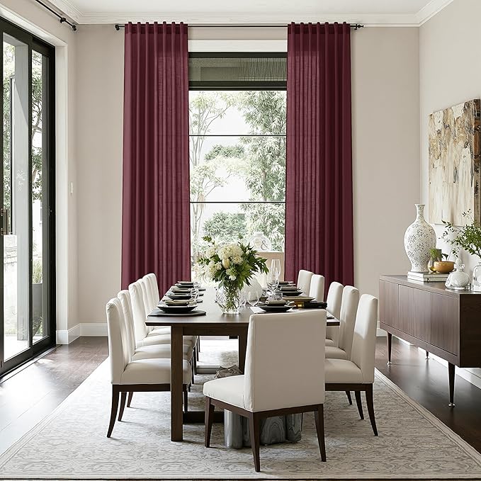 Nanspring Burgundy Linen Curtains for Living Room 98 Inches Long Light Filtering Semi Sheer Curtain Back Tab Vintage Boho Decor Elegant Luxury Drapes for Bedroom Dinner Room 52x98, 2 Panels