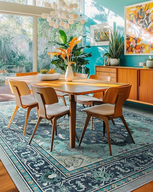 Area Rugs 6'x9' Washable Non-Slip, Floral Vintage Distress Print Pattern Medallion Carpet for Living Room Bedroom Dining Room, Teal Green Lake Blue Turquoise
