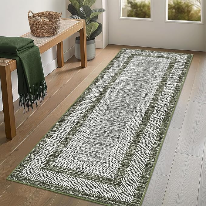GarveeHome 2.5x8 Modern Bordered Runner Rug Soft Non Slip Washable Floor Carpet Distressed Geometric Hallway Indoor Printed Rug for Kitchen Entrance, Green