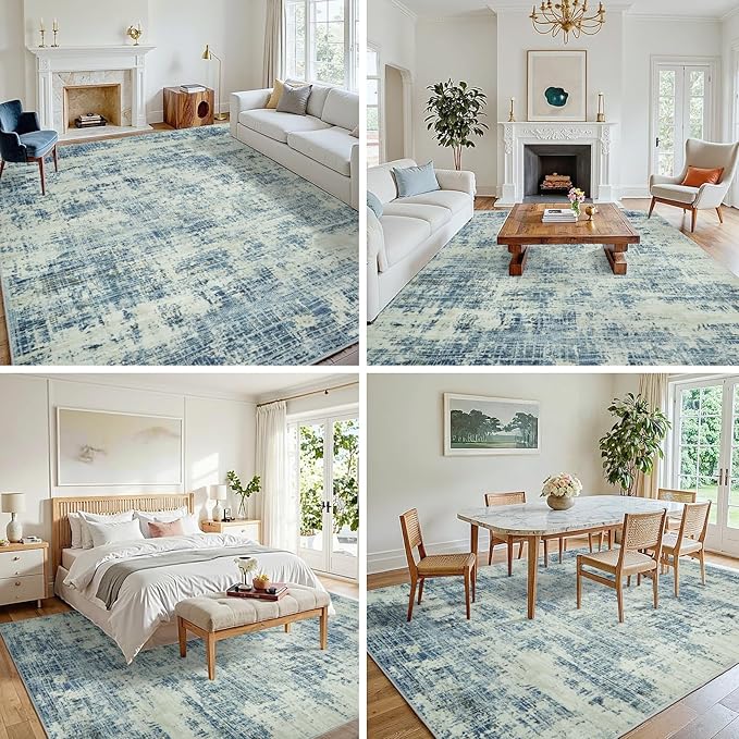 6x9 Area Rugs for Living Room Washable Rug: Anti-Skid Abstract Modern Living Room Rug Soft Thin Carpets Indoor Floor Non-Shedding Carpet for Bedroom Dining Farmhouse Nursery Blue Gray Gold