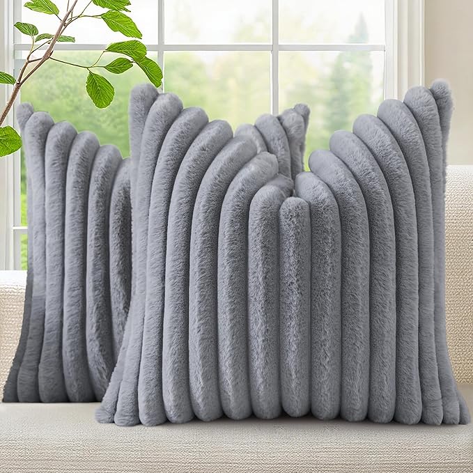 decorUhome Cozy Faux Fur Throw Pillow Covers 22x22 Set of 2 Decorative Soft Plush Striped Modern Farmhouse Boho Couch Euro Sham Pillow Cases with Velvet Back for Sofa Bed Living Room, Grey