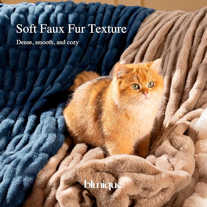 Ultra Soft Cozy Faux Fur Throw Blanket, Fuzzy Plush Thick Bubble Blanket, Oversize Luxury Fluffy Blanket for Couch, Sofa, Bedroom, and Living Room,50x60 Inches,Double Sided Blue